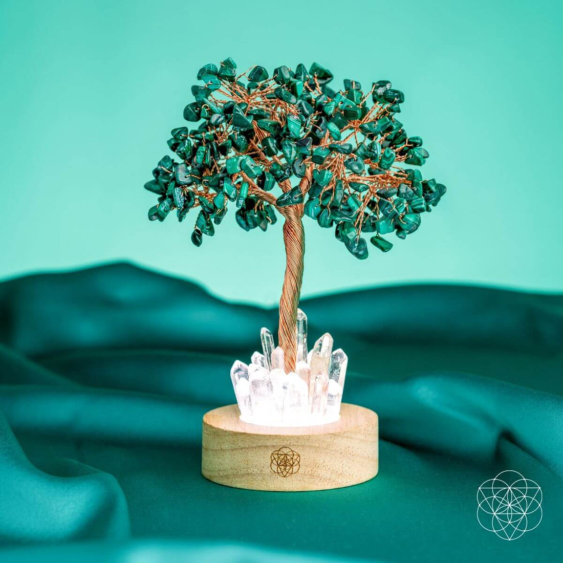 Malachite Anxiety Tree Lamp night light by Conscious Items featuring a carved malachite stone tree-shaped design.