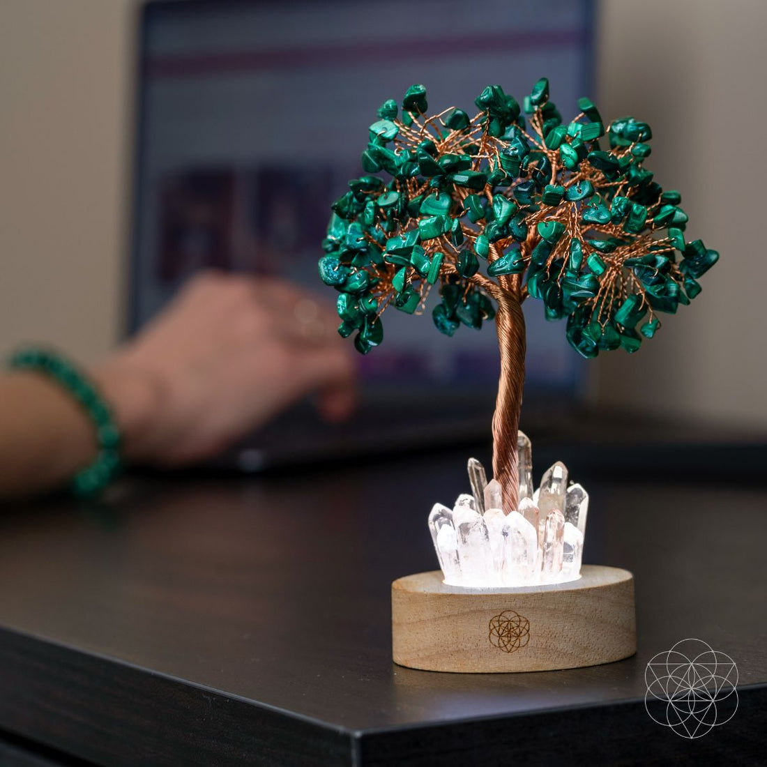 Malachite Anxiety Tree Lamp night light by Conscious Items featuring a green malachite stone tree design.