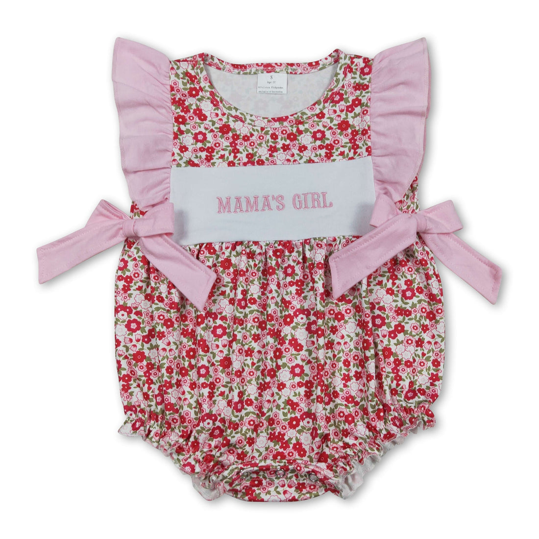 Mini Rodeo girl romper with flutter sleeves, floral embroidery, and baby girl bubbles design, perfect for little ones.