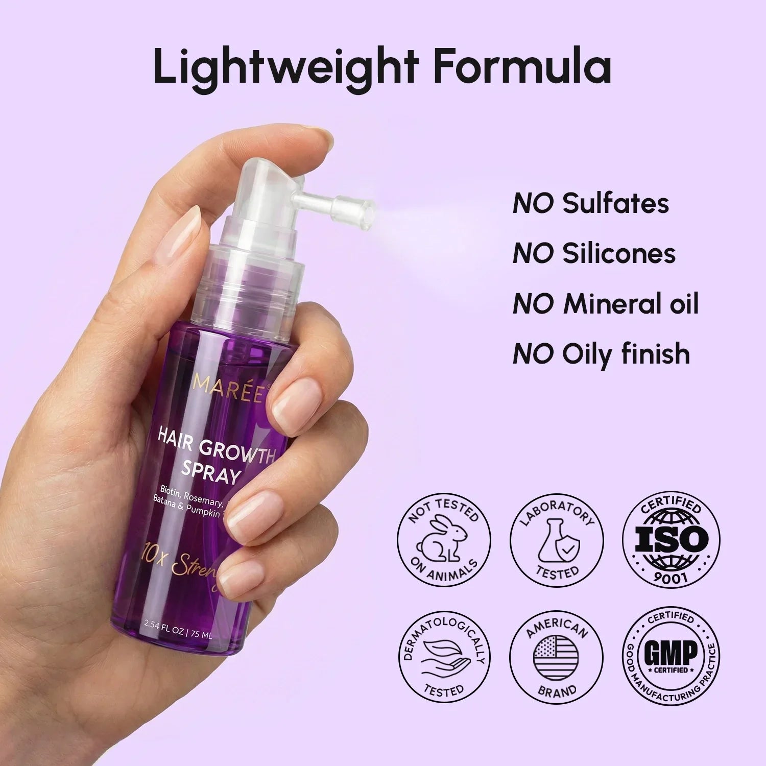 Maree 4-in-1 Hair Growth Spray bottle with nozzle, showcasing the hair growth product for thicker, healthier hair.