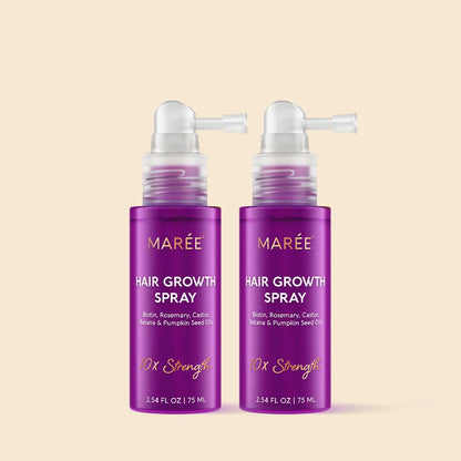 Maree 4-in-1 Hair Growth Spray bottle with nozzle, designed to promote hair growth and scalp health.