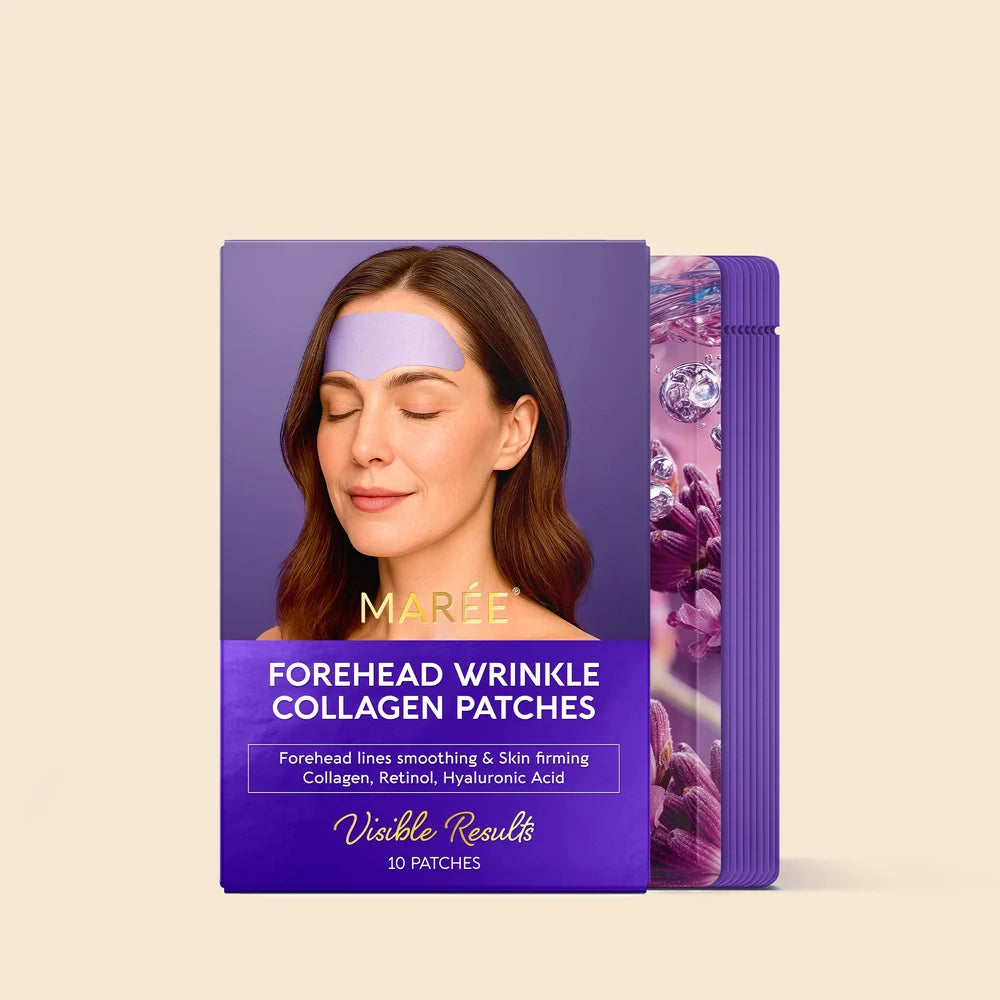 Maree Anti-Wrinkle Forehead Patches applied on forehead for smoothing and wrinkle reduction, part of skincare routine.
