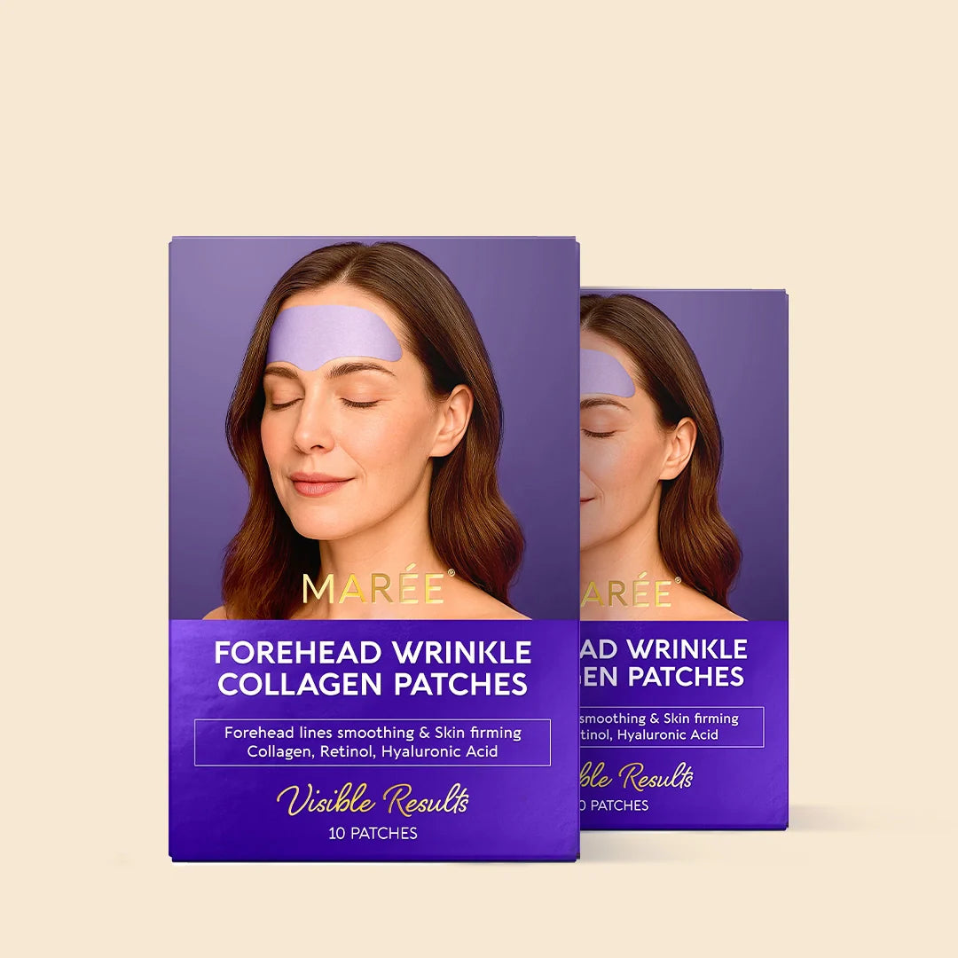 Maree Anti-Wrinkle Forehead Patches applied to forehead to reduce wrinkles and fine lines, part of a skincare routine.