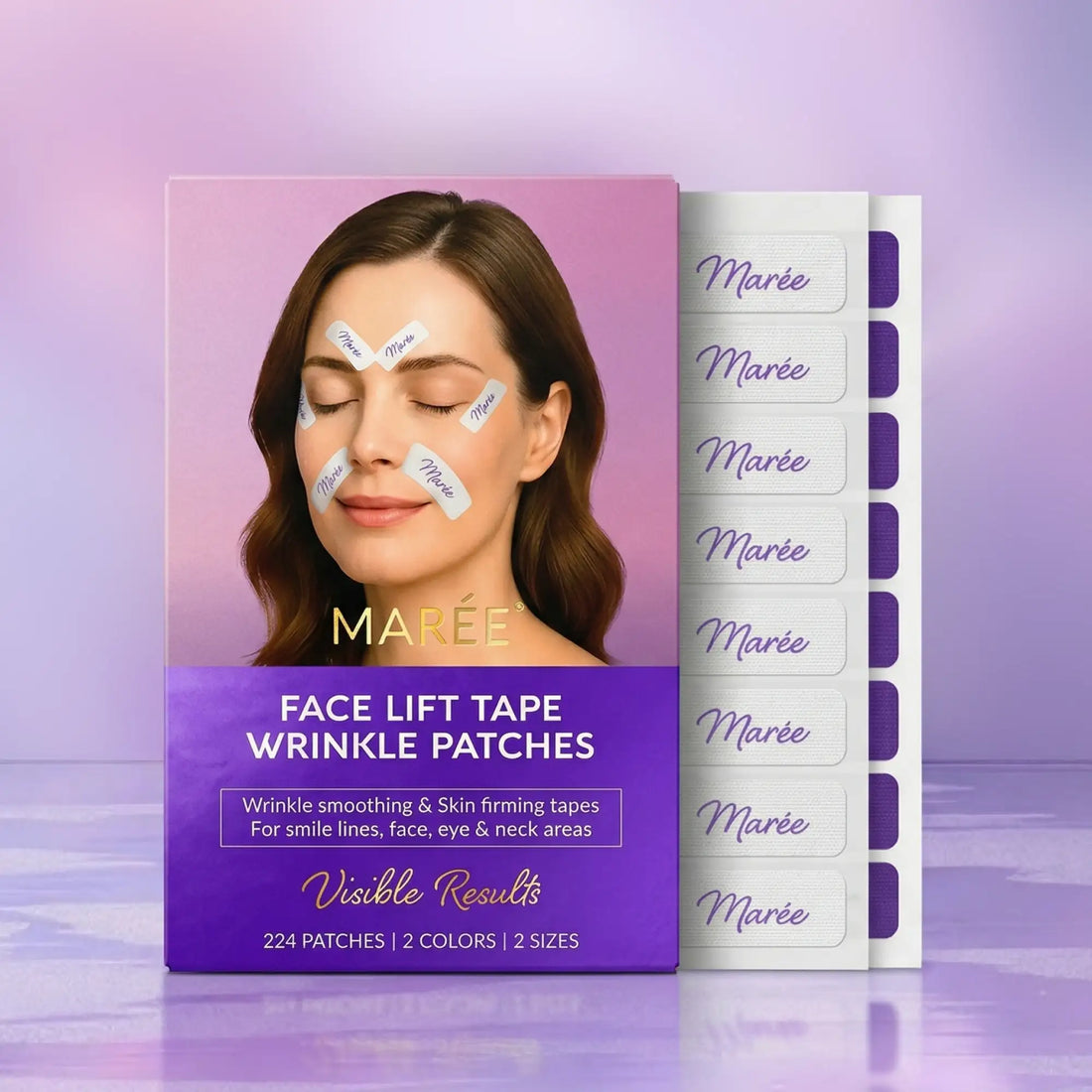 Maree anti-wrinkle tape patches applied to skin, demonstrating facial wrinkle treatment with discreet, skin-toned patches.