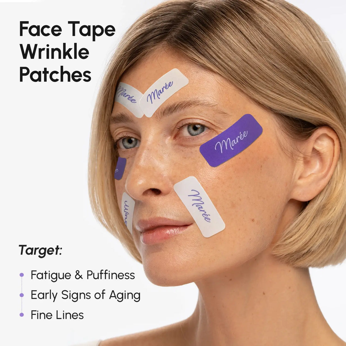 Maree anti-wrinkle tape patches shown on skin, designed to reduce fine lines and wrinkles for a smoother appearance.