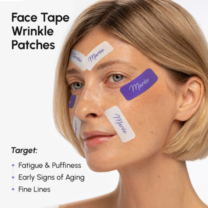 Maree anti-wrinkle tape patches shown on skin, designed to reduce fine lines and wrinkles for a smoother appearance.