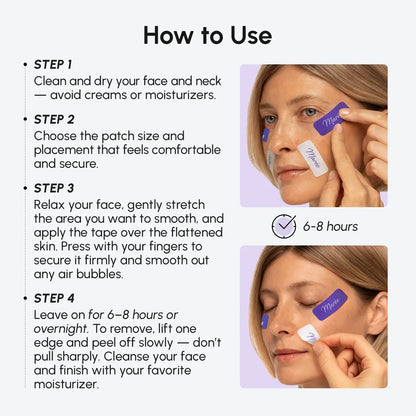 Maree anti-wrinkle tape patches applied to skin to reduce fine lines and wrinkles, showcasing their discreet, flexible design.