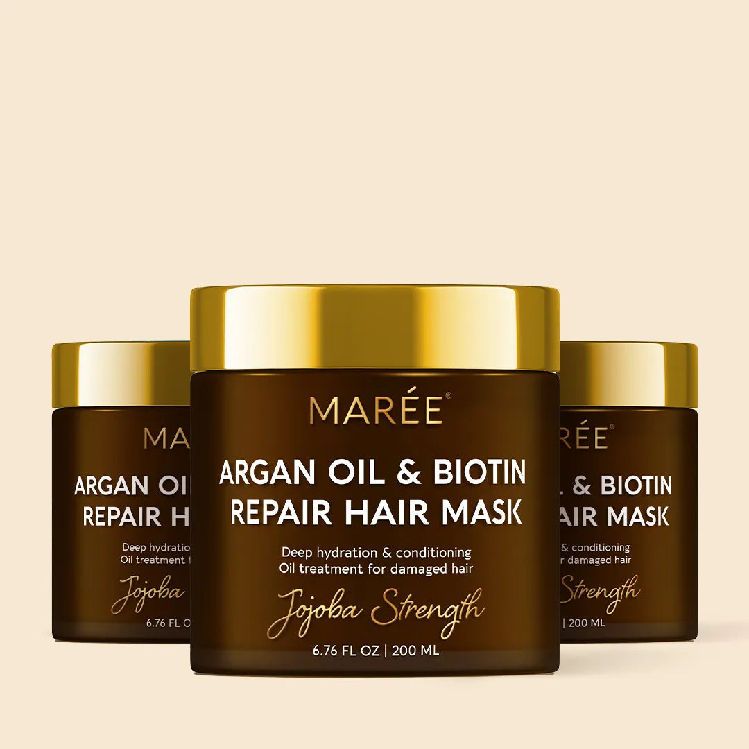 Maree Argan Oil &amp; Biotin Hair Repair Mask in a jar, with creamy texture and natural ingredients for nourishing damaged hair
