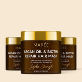 Maree Argan Oil & Biotin Hair Repair Mask in a jar, with creamy texture and natural ingredients for nourishing damaged hair