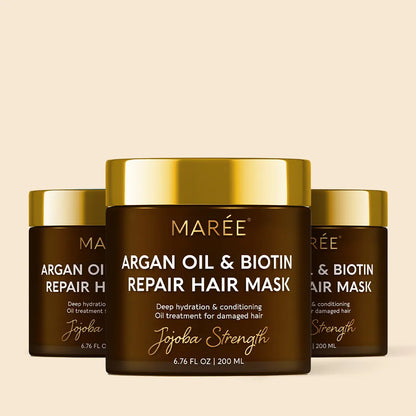 Maree Argan Oil &amp; Biotin Hair Repair Mask in a jar, with creamy texture and natural ingredients for nourishing damaged hair