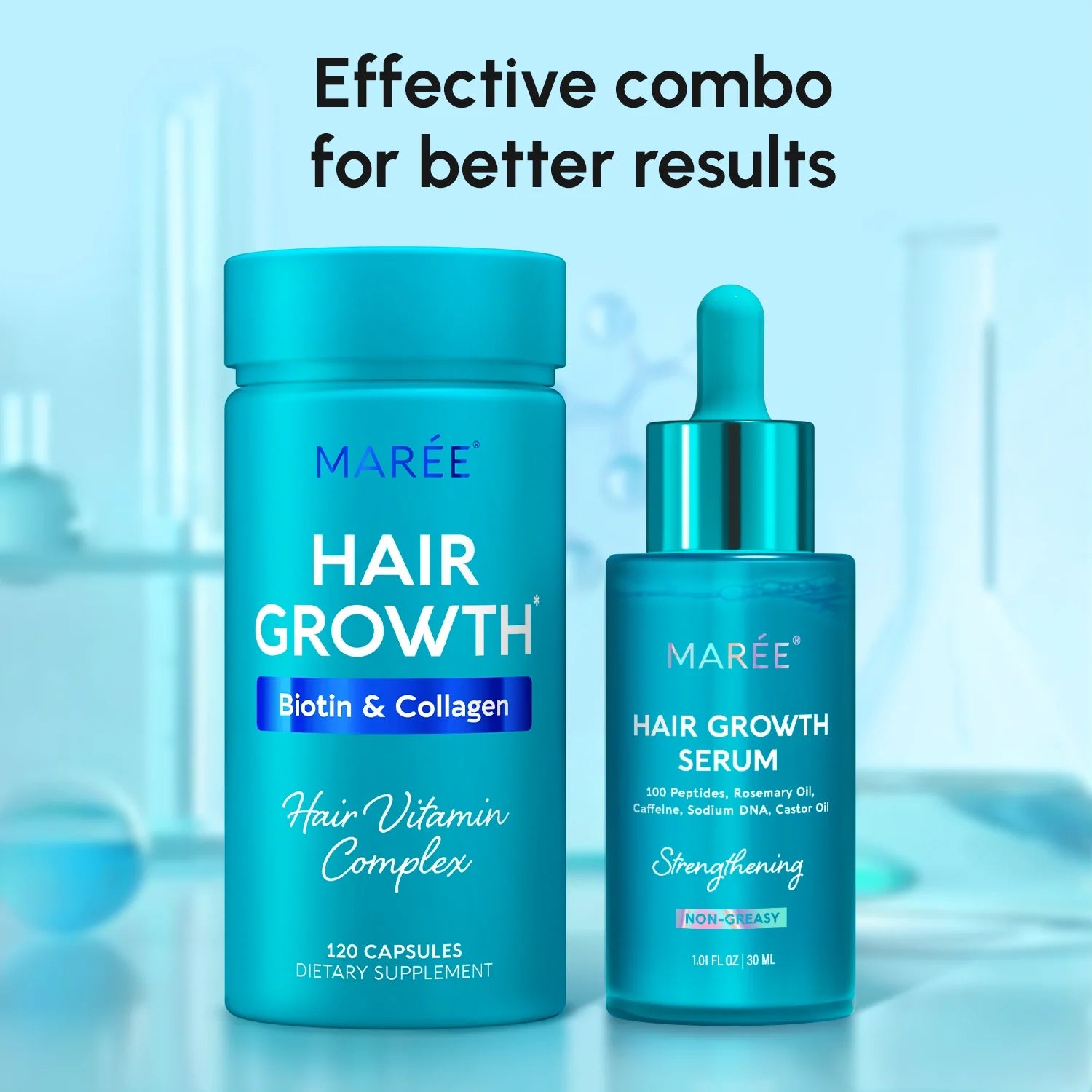 Maree Biotin &amp; Collagen Hair Growth Complex bottle with capsules, showing the supplement for healthy hair growth.