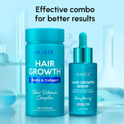Maree Biotin &amp; Collagen Hair Growth Complex bottle with capsules, showing the supplement for healthy hair growth.