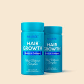 Maree Biotin & Collagen Hair Growth Complex supplement bottles with capsules, promoting healthy hair growth and strength.
