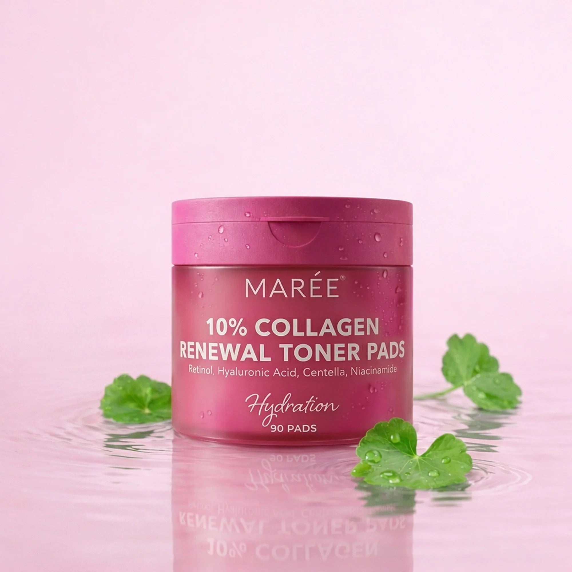 Maree Collagen and Retinol Toner Pads displayed on a white background, showing the round, textured skincare pads for facial use.