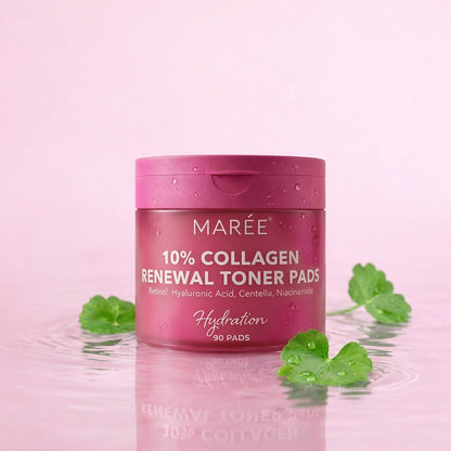 Maree Collagen and Retinol Toner Pads displayed on a white background, showing the round, textured skincare pads for facial use.