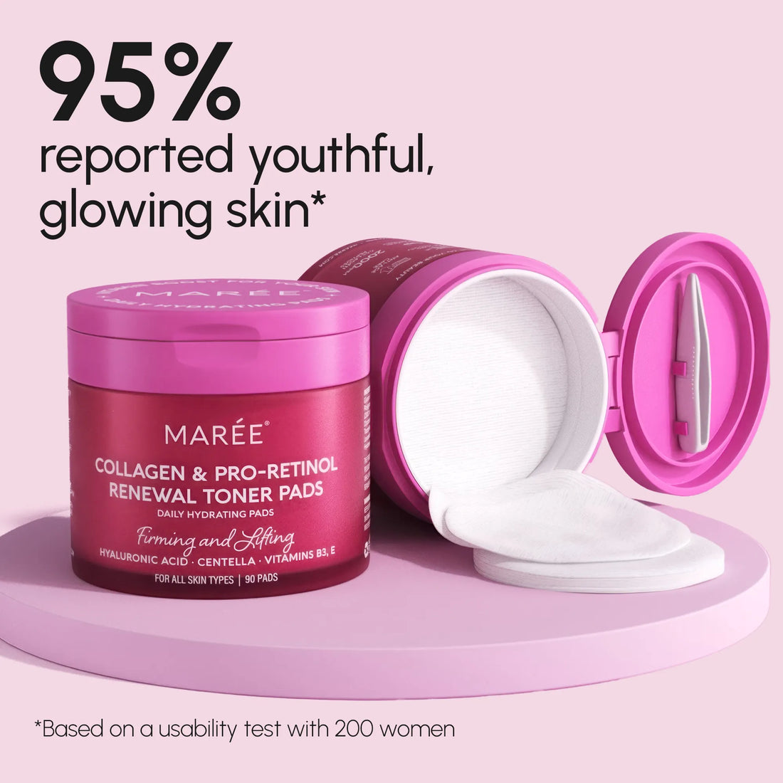 Maree Collagen &amp; Retinol Toner Pads in a jar, showing the skincare product with pads ready for application
