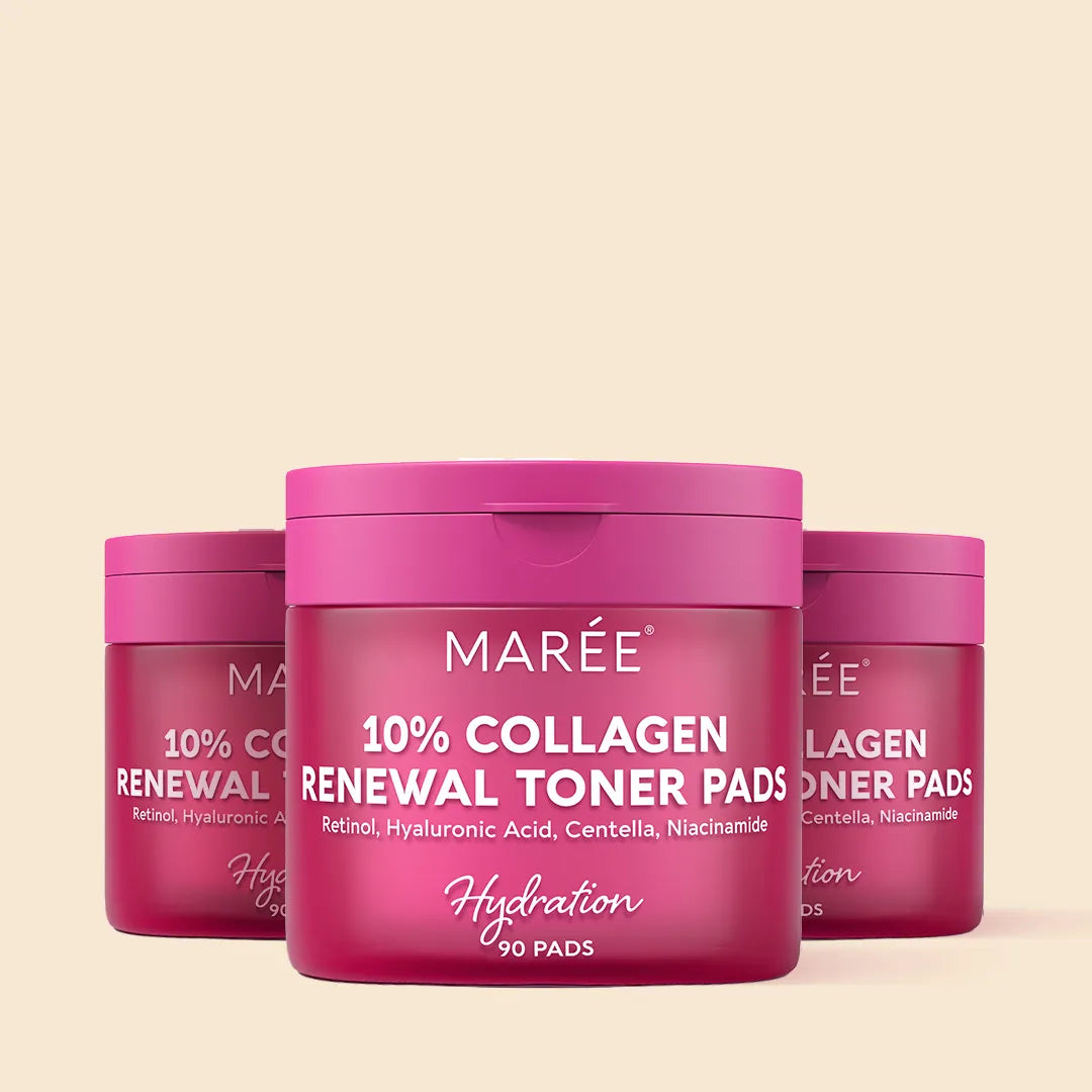 Maree Collagen &amp; Retinol Toner Pads in a jar, showing the product pads designed to exfoliate and boost skin renewal