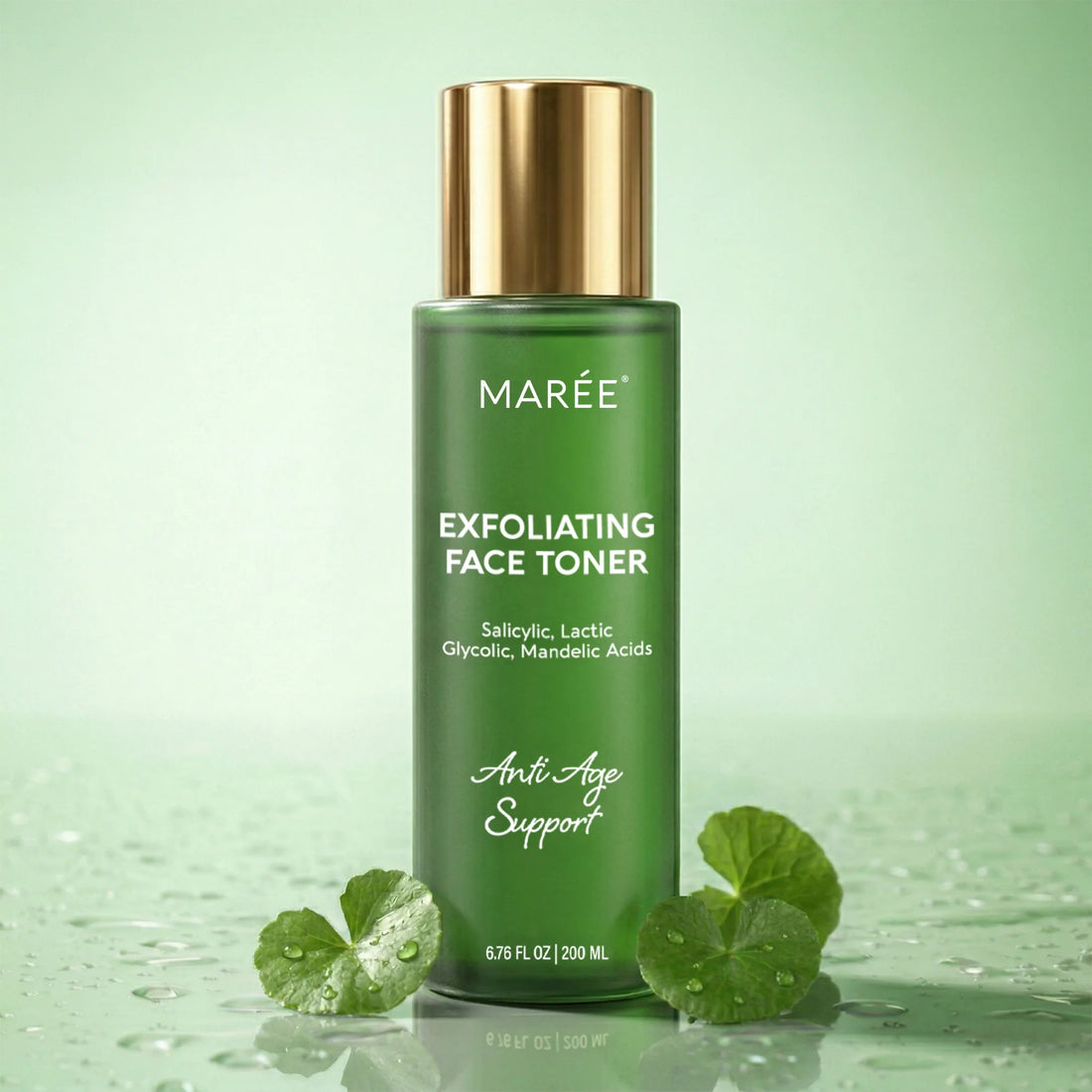 Maree Daily Glow Exfoliating Toner bottle with clear liquid and label, designed for gentle facial exfoliation and skin renewal.