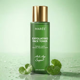 Maree Daily Glow Exfoliating Toner bottle with clear liquid and label, designed for gentle facial exfoliation and skin renewal.