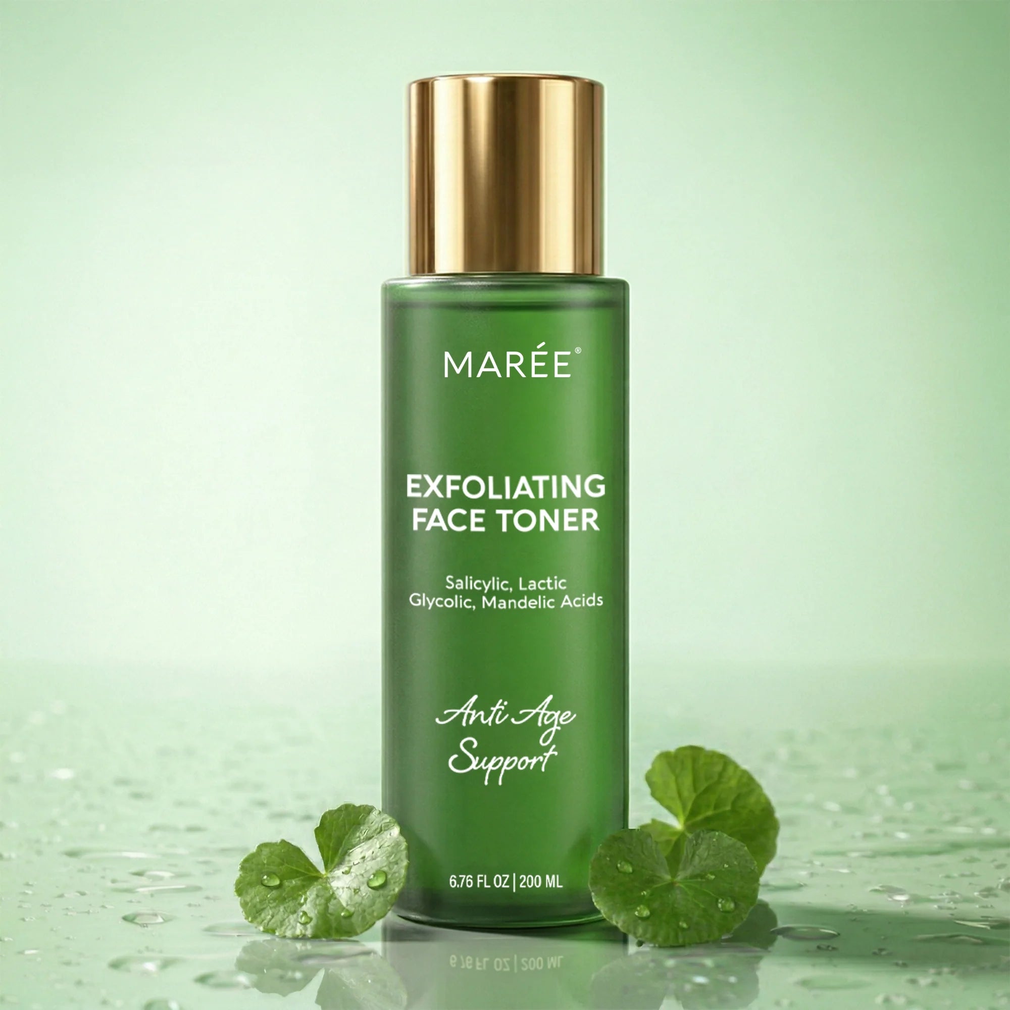 Maree Daily Glow Exfoliating Toner bottle with clear liquid and label, designed for gentle facial exfoliation and skin renewal.