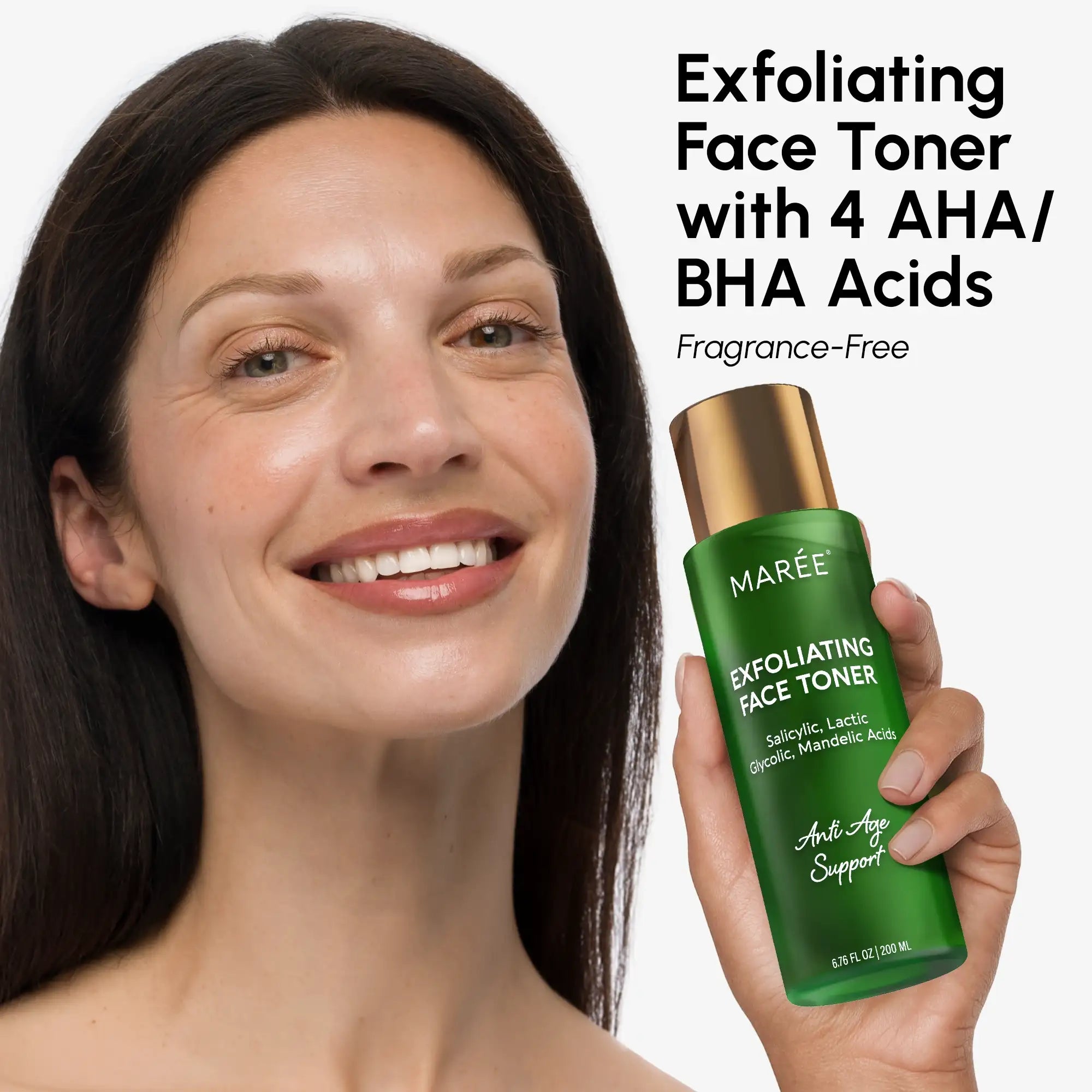 Maree Daily Glow Exfoliating Toner bottle with clear liquid and minimalist label, designed for gentle skin exfoliation.