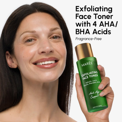Maree Daily Glow Exfoliating Toner bottle with clear liquid and minimalist label, designed for gentle skin exfoliation.