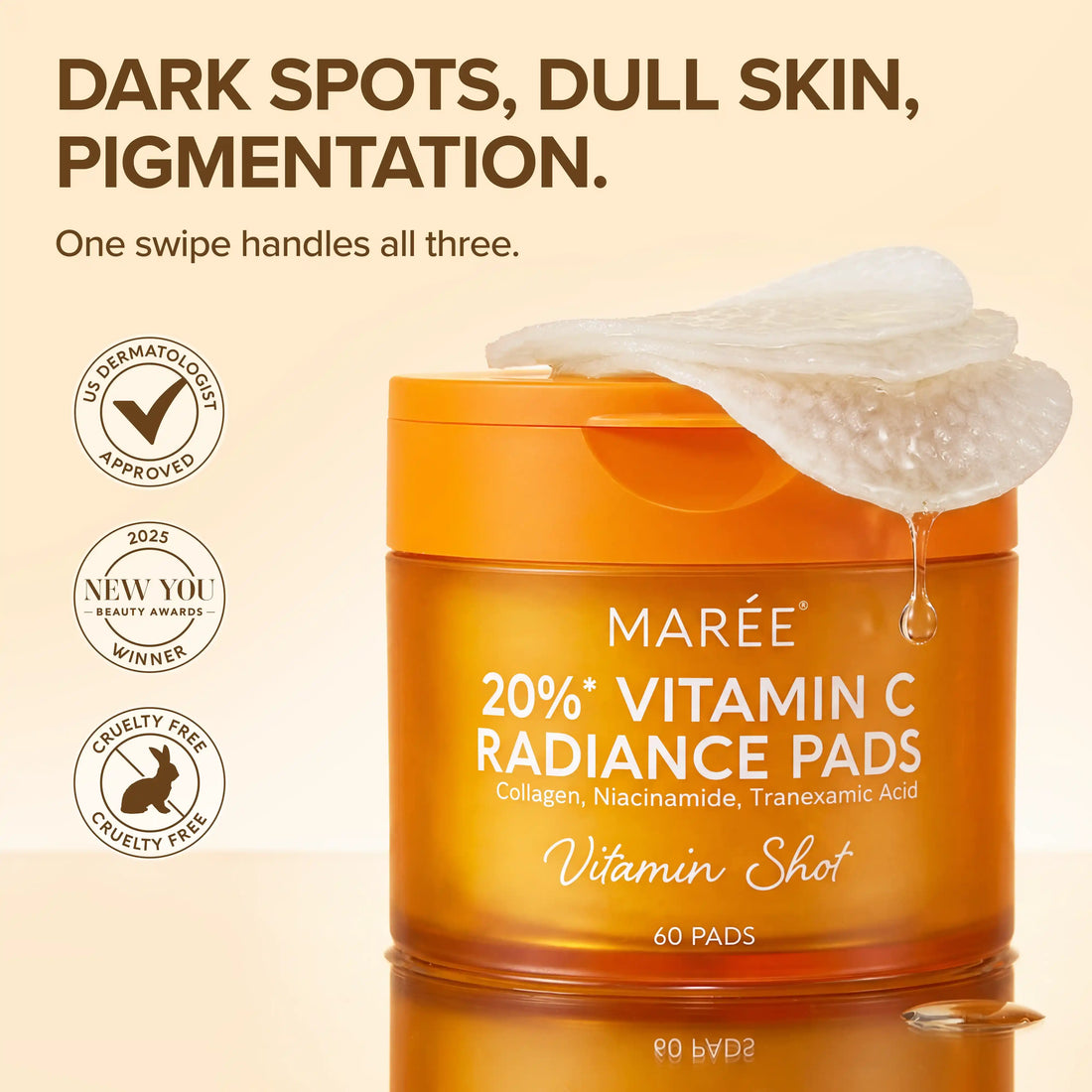 Maree Dark Spot Fading Vitamin C Pads with brightening serum and textured pads for evening skin tone and reducing dark spots.