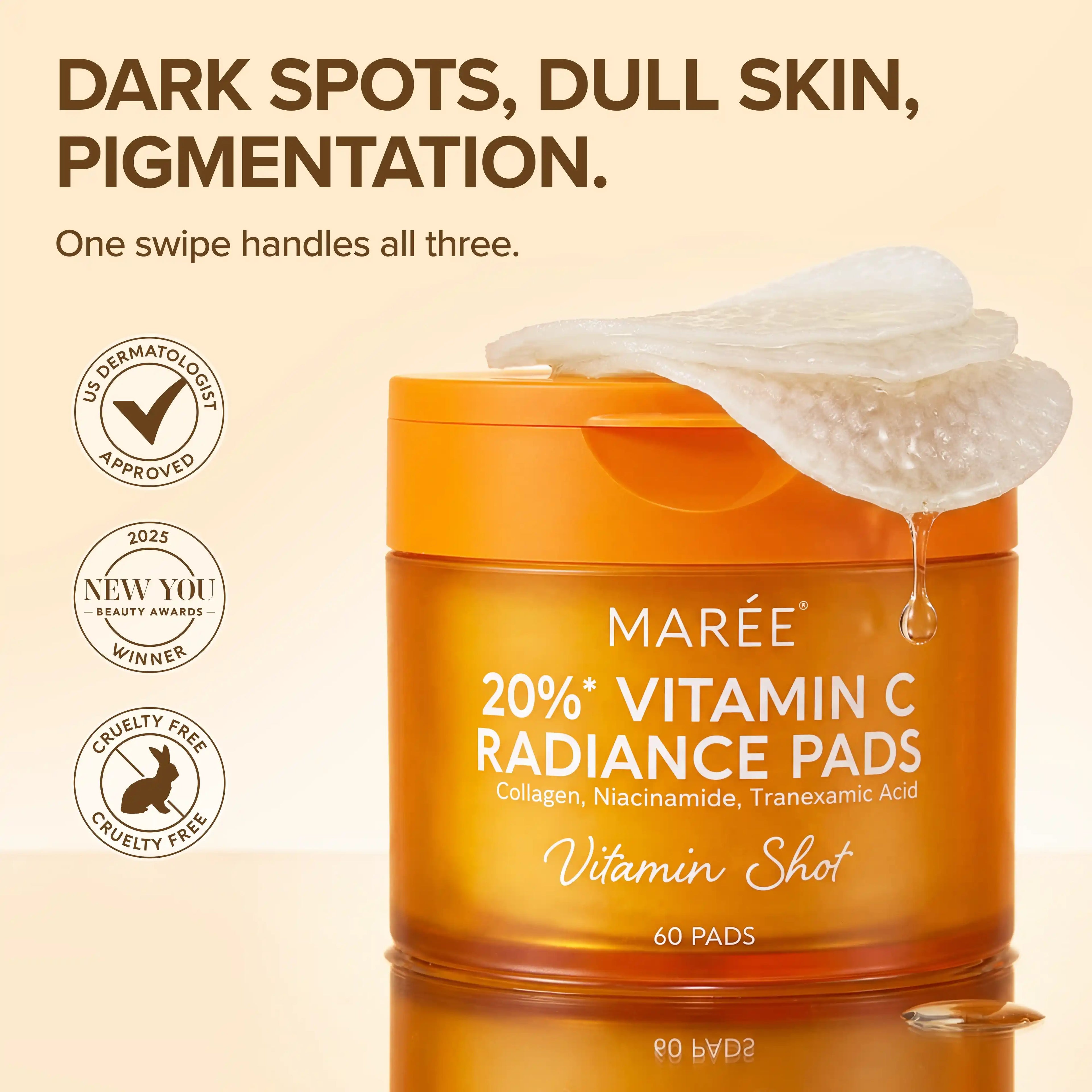 Maree Dark Spot Fading Vitamin C Pads with brightening serum and textured pads for evening skin tone and reducing dark spots.