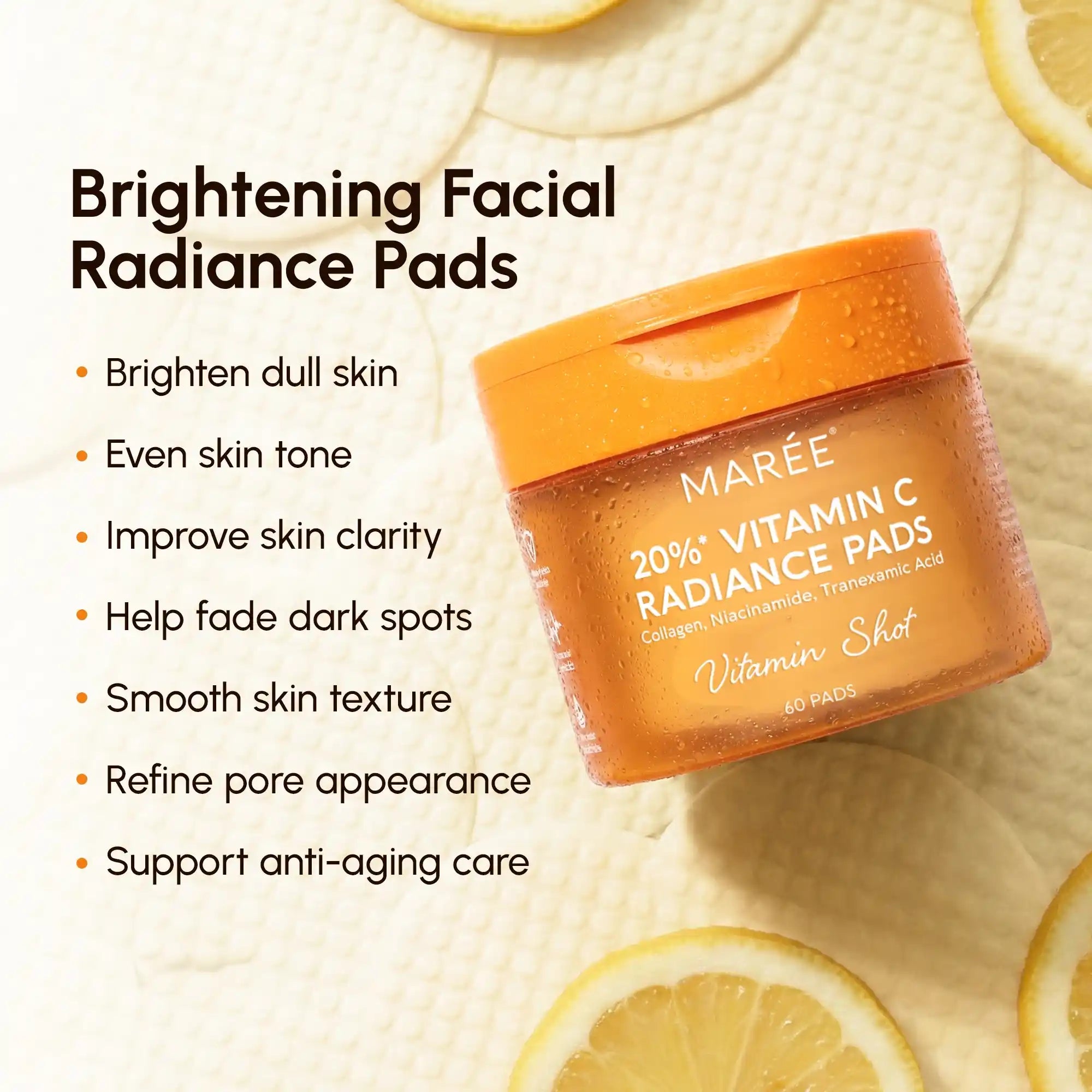 Maree Dark Spot Fading Vitamin C Pads shown in a container, with a few pads placed beside the jar, highlighting the product&