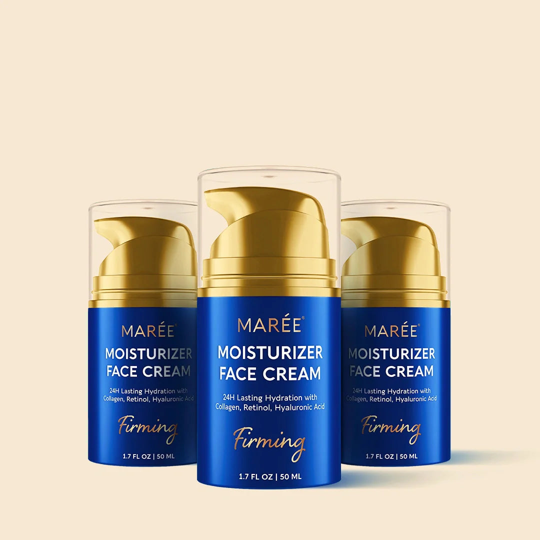Maree Firming &amp; Lifting Collagen Moisturizer in a gold jar, smooth cream texture for facial skin nourishment and anti-aging.
