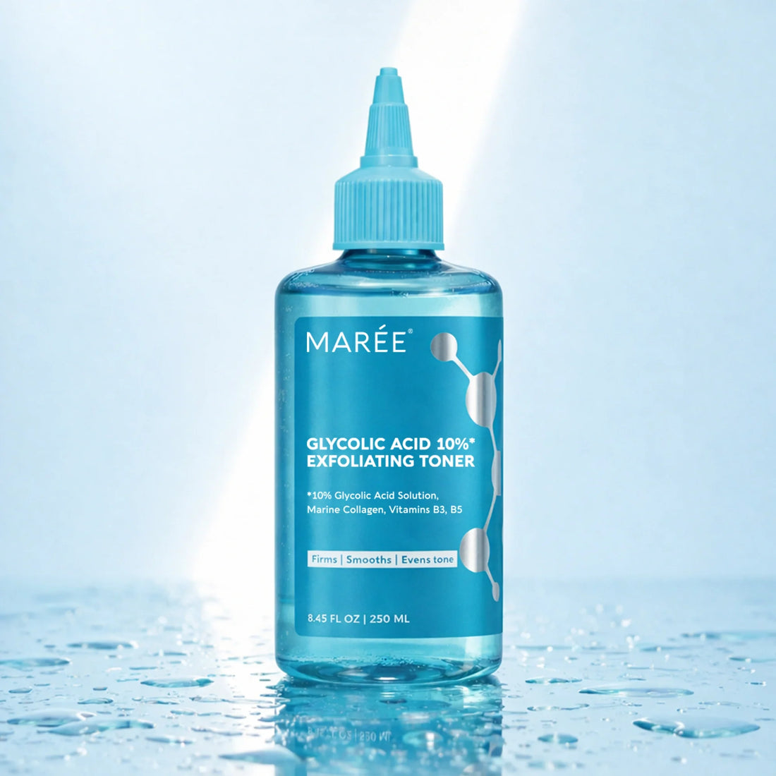 Maree Glow Boost Glycolic Face Toner in a clear bottle with a pump dispenser, showcasing its brightening skincare formula.