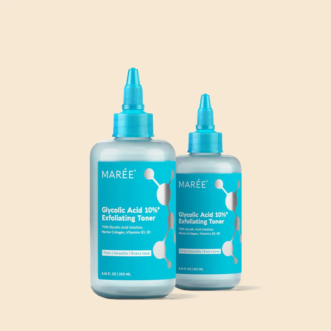 Maree Glow Boost Glycolic Face Toner bottle with clear liquid and label, designed for brightening and exfoliating skin.