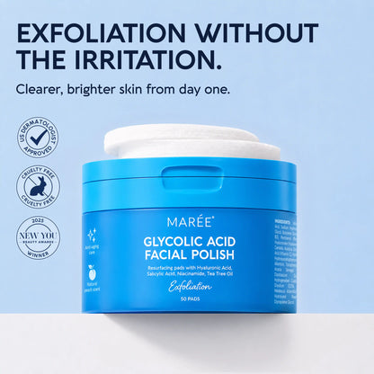 Maree Glycolic Acid Exfoliating Pads with 50% concentration, showing a box of skincare pads on a white background