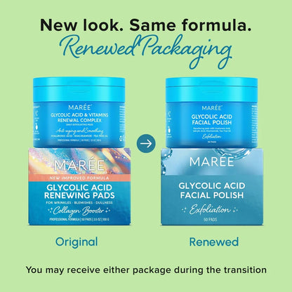 Maree Glycolic Acid Exfoliating Pads with natural ingredients, showing the textured pads on a white background for gentle skin exfoliation.