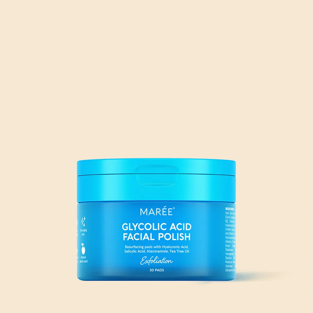 Maree Glycolic Acid Exfoliating Pads shown in a jar with pads ready for skincare use on a clean surface.