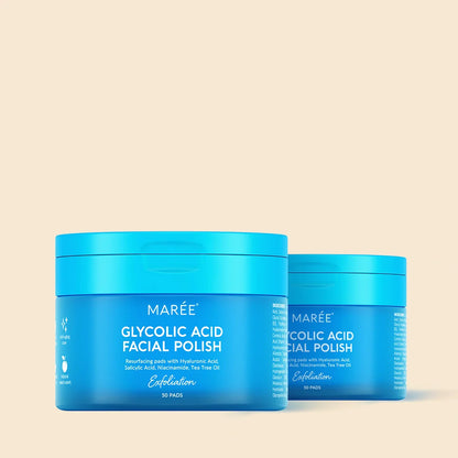 Maree Glycolic Acid Exfoliating Pads displayed in two variants, showing the textured pads and packaging for gentle facial exfoliation.