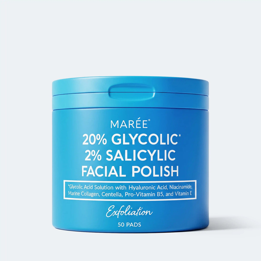Maree Glycolic and Salicylic Acid Peel Pads in a clear jar, showing the exfoliating pads with textured surface for facial skincare.