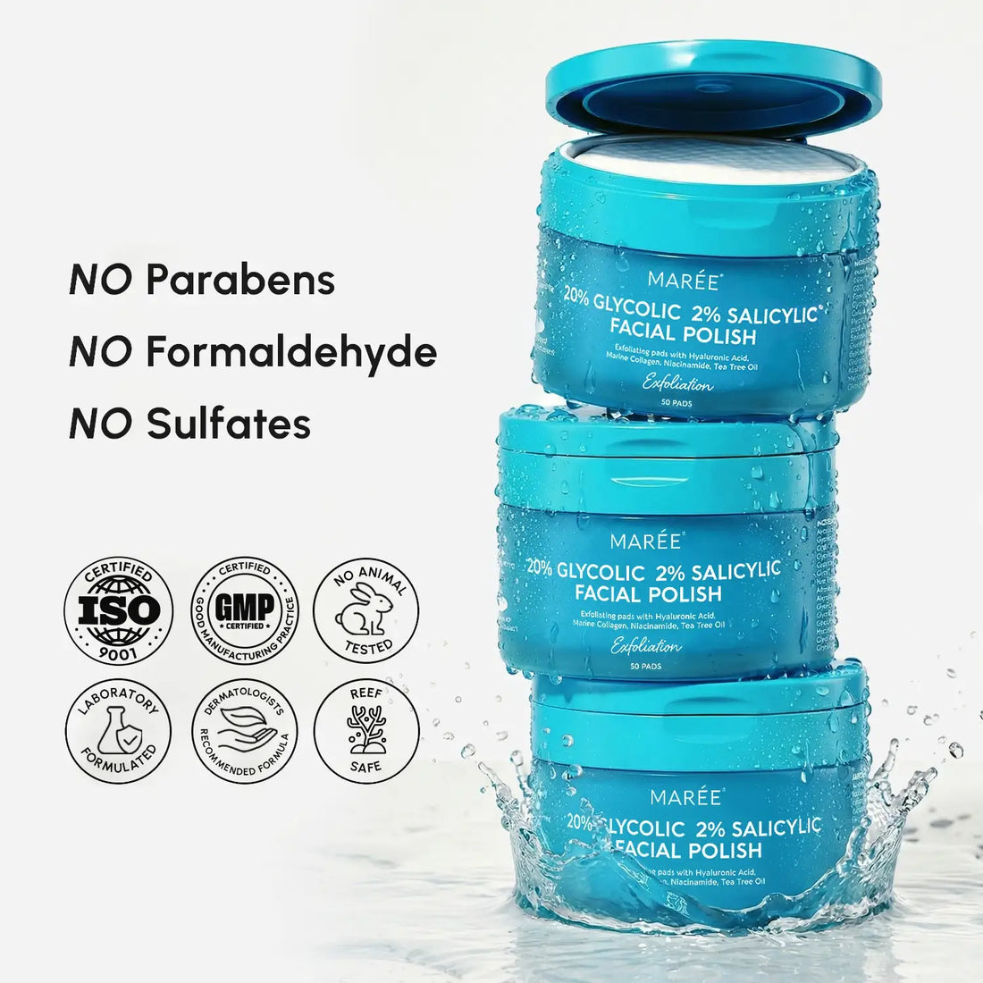 Maree glycolic and salicylic acid peel pads for exfoliating and acne treatment, shown in a container with 10 pads.