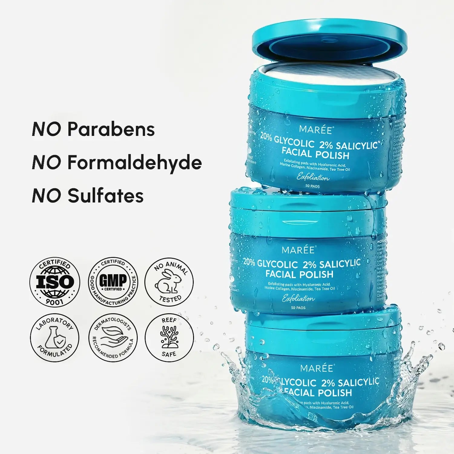 Maree glycolic and salicylic acid peel pads for exfoliating and acne treatment, shown in a container with 10 pads.