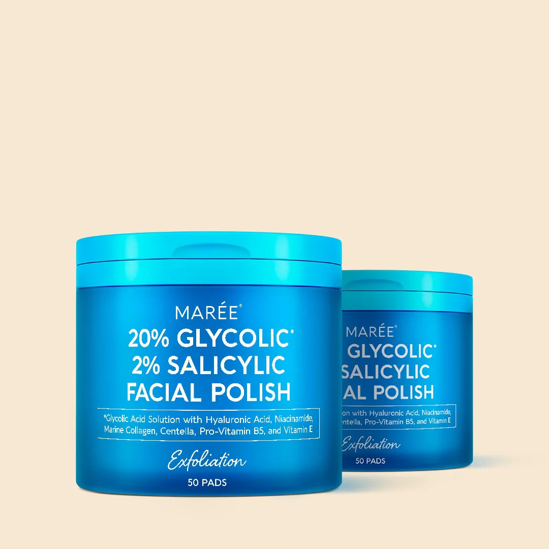 Maree Glycolic and Salicylic Acid Peel Pads in a jar, showing textured cotton pads for exfoliating skincare treatment.