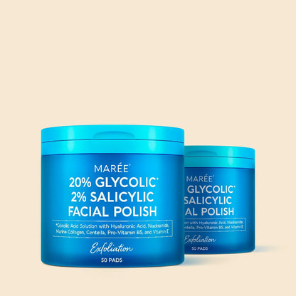 Maree Glycolic and Salicylic Acid Peel Pads in a jar, showing textured cotton pads for exfoliating skincare treatment.