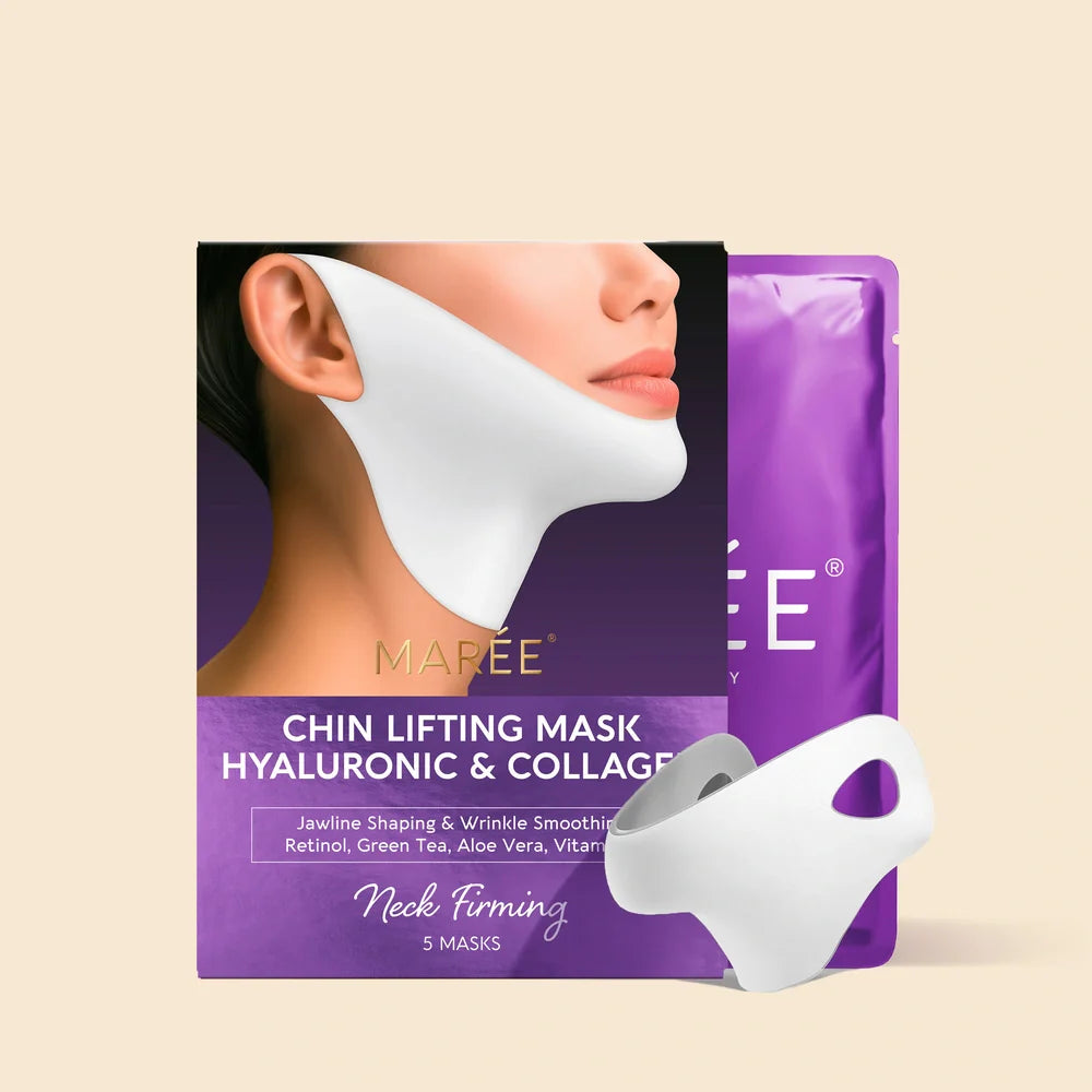 Maree Hyaluronic Acid V-line Lifting Mask showing a close-up of a woman wearing the hydrating facial mask for skin lifting