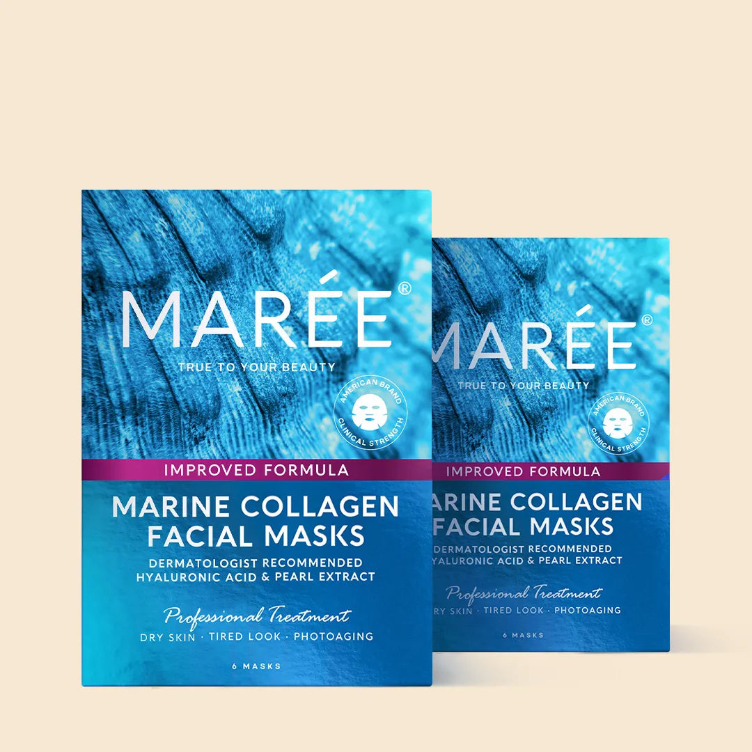 Maree Hydrating Collagen Face Mask with nourishing ingredients, shown on a person&