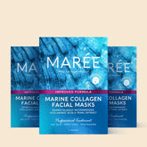 Maree hydrating collagen face mask applied on skin, promoting moisture and skin elasticity in a close-up skincare image.
