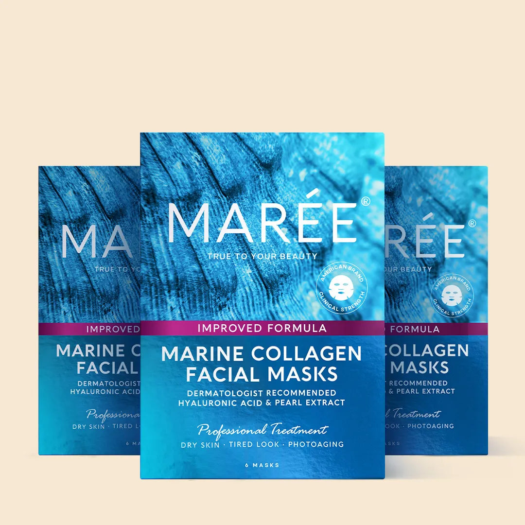 Maree hydrating collagen face mask applied on skin, promoting moisture and skin elasticity in a close-up skincare image.