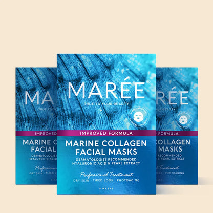 Maree hydrating collagen face mask applied on skin, promoting moisture and skin elasticity in a close-up skincare image.