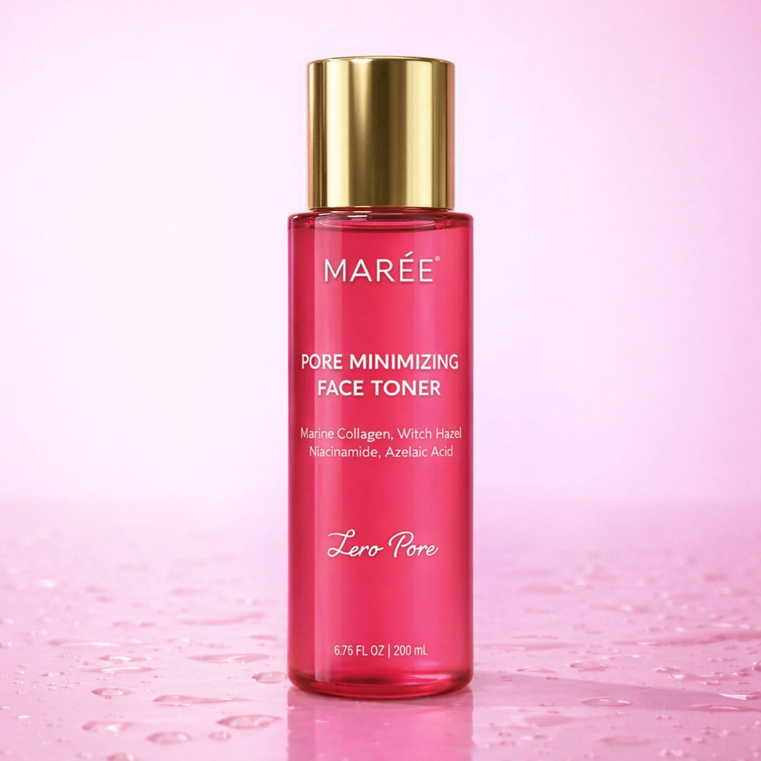Maree Hydrating Pore Refining Toner bottle with a clear liquid inside, suitable for skincare and pore refinement.