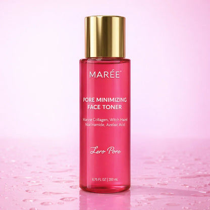 Maree Hydrating Pore Refining Toner bottle with a clear liquid inside, suitable for skincare and pore refinement.
