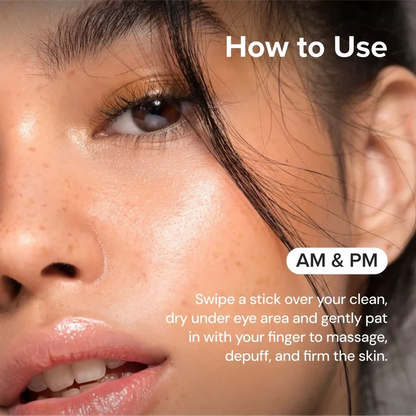 Maree Instant Eye Smoother Balm stick with natural ingredients, designed to reduce puffiness and brighten the under-eye area.