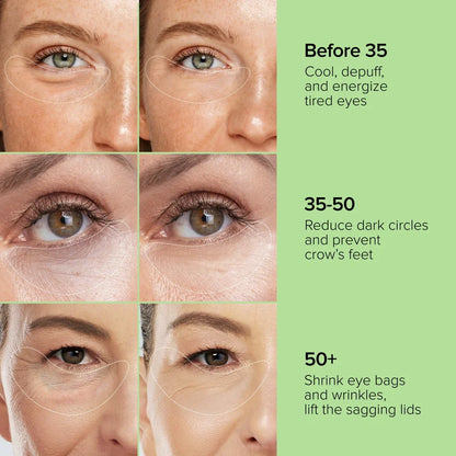 Maree Instant Eye Smoother Balm stick showing smooth, natural finish around the eye area in a sleek black applicator.